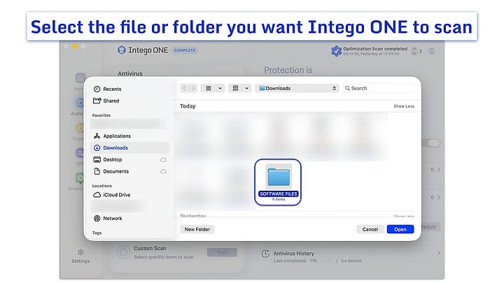 macOS file picker sheet within the Intego ONE Mac app.