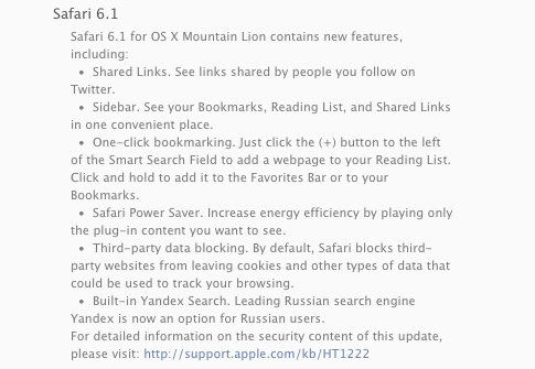Safari 6.1 software update