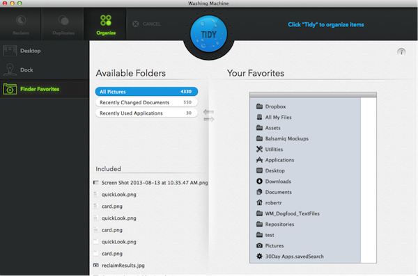 organize tab in Washing Machine shows available folders and your Smart Folders