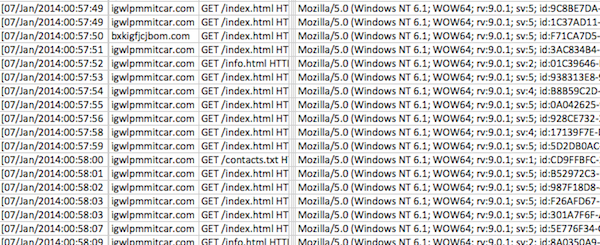 Apache Server log screenshot shows the date of the http packet, the domain name used by the flashback malware, the URL, the Flashback version, and more