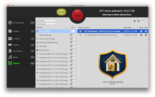 Duplicate Zapper gives you several ways to automatically select duplicates making it easier to zap multiple files.