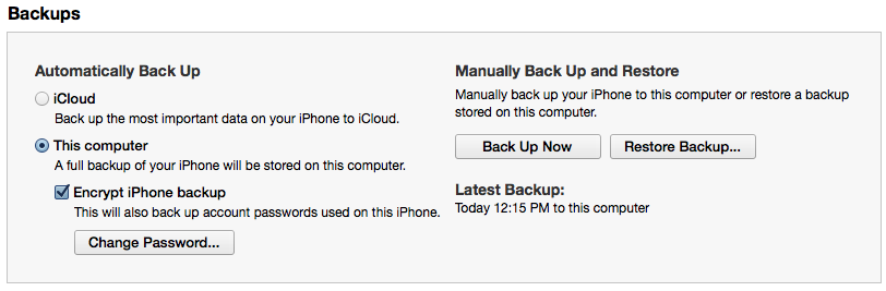 itunes-backup "width =" 812 "height =" 267 "srcset =" https://www.intego.com/mac-security-blog/wp-content/uploads/2014/08/itunes-backup.png 812w, https://www.intego.com/mac-security-blog/wp-content/uploads/2014/08/itunes-backup-150x49.png 150w, https://www.intego.com/mac-security-blog /wp-content/uploads/2014/08/itunes-backup-300x98.png 300w, https://www.intego.com/mac-security-blog/wp-content/uploads/2014/08/itunes-backup- 657x216.png 657w "tailles =" (largeur maximale: 812 pixels) 100vw, 812 pixels "/></p>
<p>Si vous avez coché Cet ordinateur, iTunes sauvegardera votre appareil à chaque fois que vous le synchronisez. C'est simple et rapide, et comme vous disposez de beaucoup d'espace de stockage sur votre Mac, vous ne pouvez pas exclure d'applications spécifiques.</p>
<h3><span class=