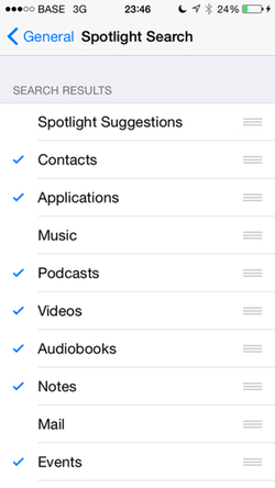 Spotlight preferences on iOS