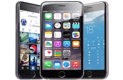 Apple iPhones 6 with various applications displayed over white background