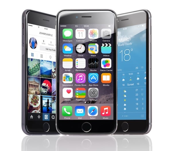 Apple iPhones 6 with various applications displayed over white background