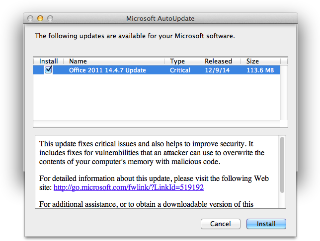 Microsoft Office for Mac 2011 14.4.7 update notice
