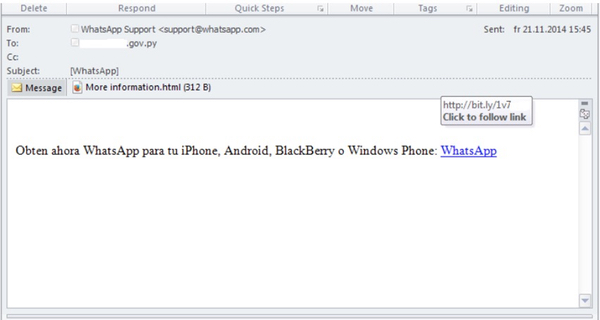 Malicious email, pretending to be from WhatsApp