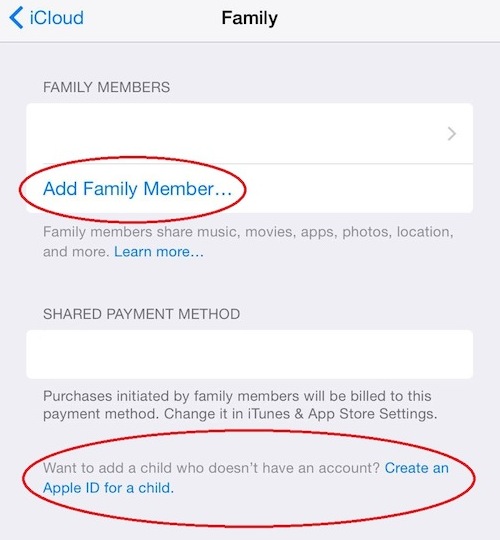 Add Family Member - create an Apple ID for a child