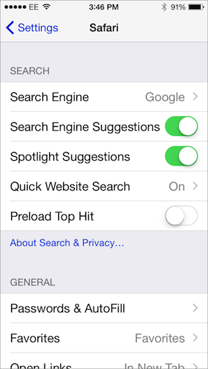 Paramètres du moteur de recherche Safari iOS