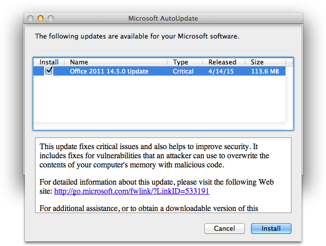 Image of Microsoft Office for Mac 2011 14.5.0 Update notice