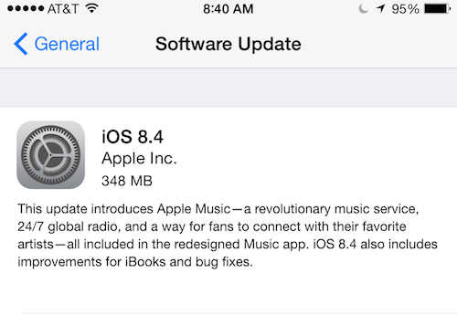 Apple's iOS 8.4 software update notice