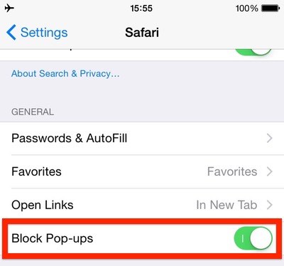 Safari settings for disabling pop-ups