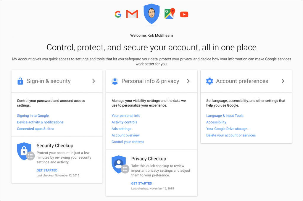  A Google Account security checkup infographic showing sections for sign-in and security, personal info and privacy, account preferences, security checkup, and privacy checkup.