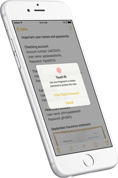 The upcoming iOS 9.3 will include the ability to protect the Notes app with Touch ID or a passcode. Image credit: Apple