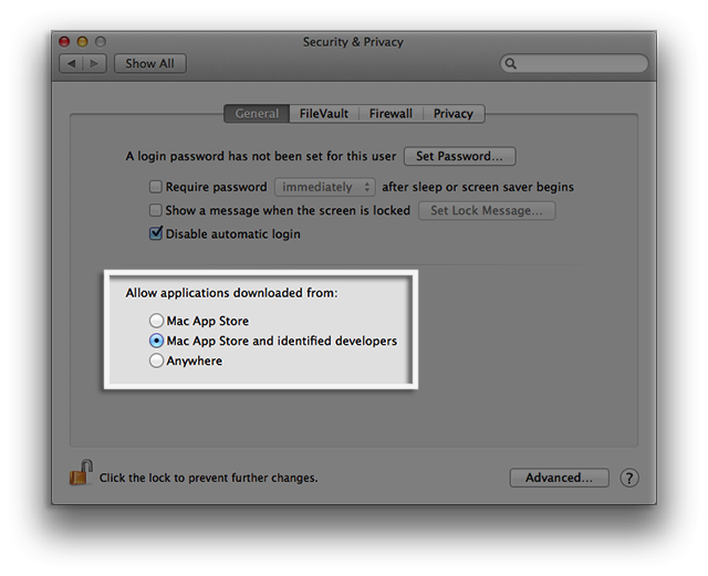 OS X Mountain Lion Security & Privacy preferences options