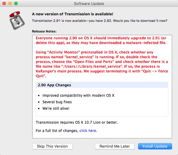 Transmission update warning