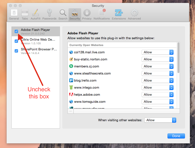 Disable Adobe Flash Player on Safari