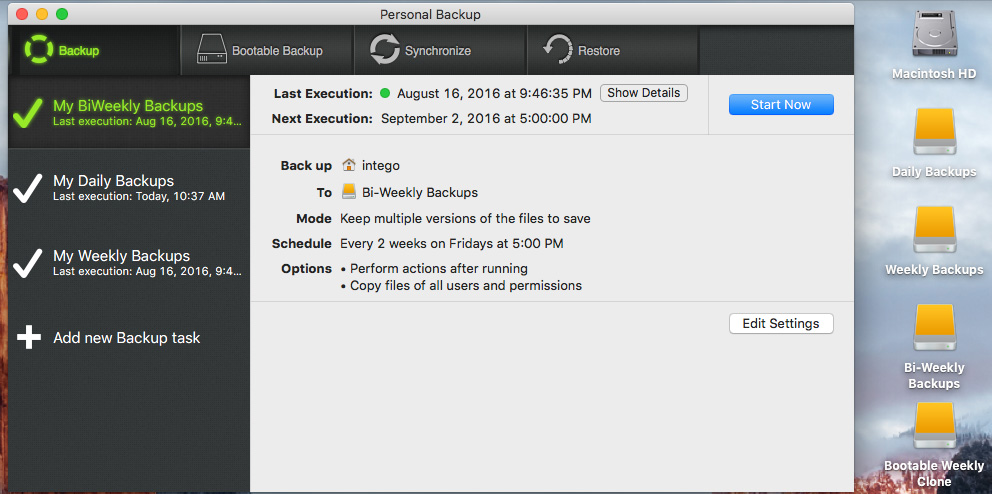 Intego Personal Backup sample schedule and partitions