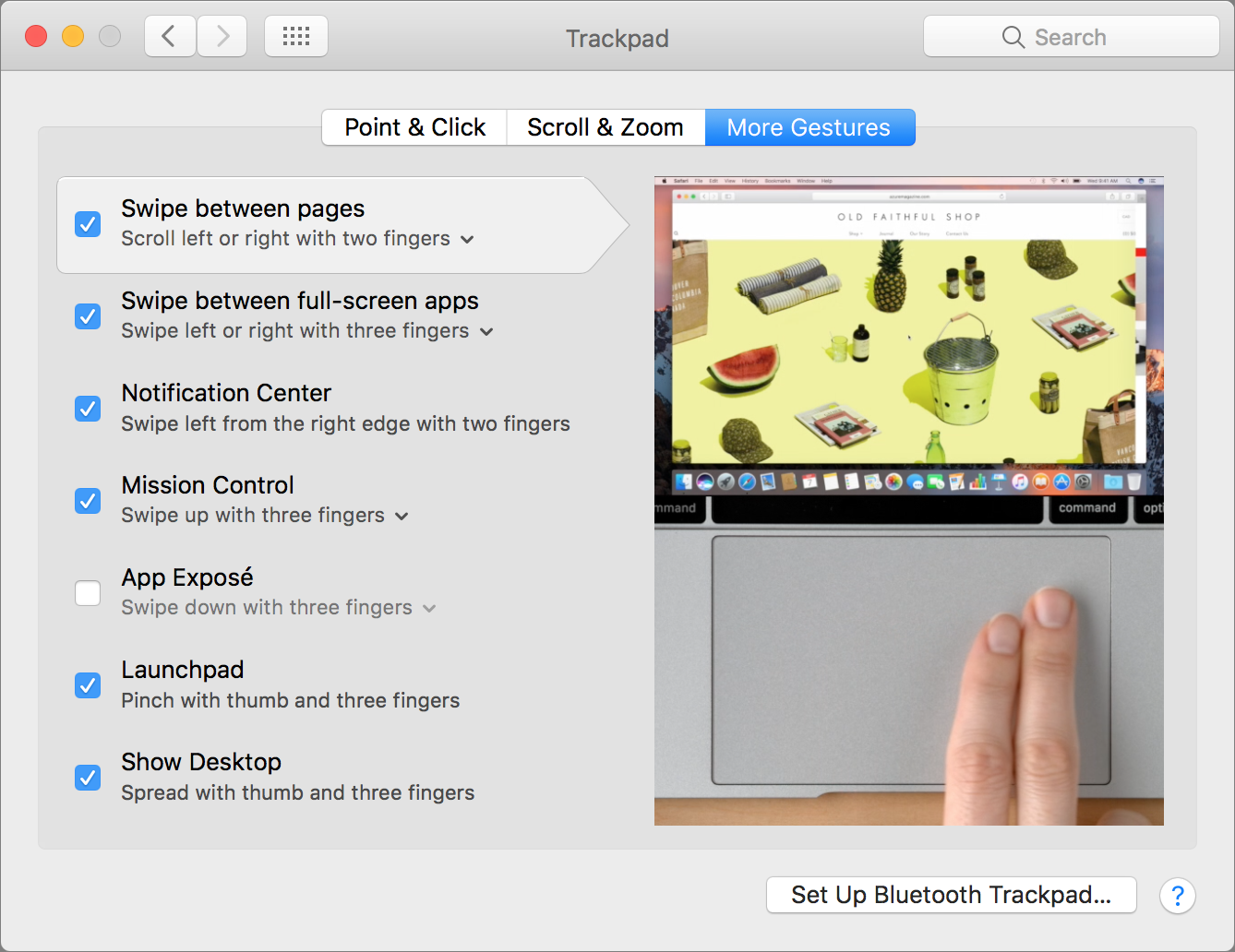 trackpad gestures setting