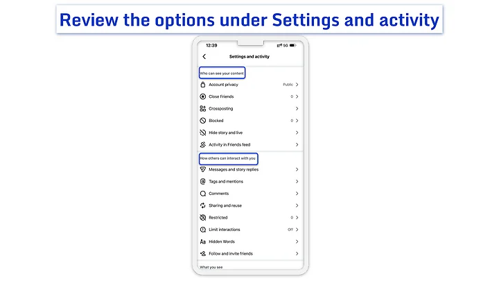Settings and activity menu in the Instagram mobile app.