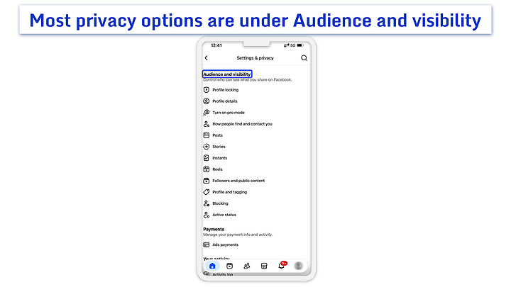 Settings & privacy menu in the Facebook mobile app.
