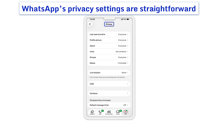 Privacy settings screen in the WhatsApp mobile app.