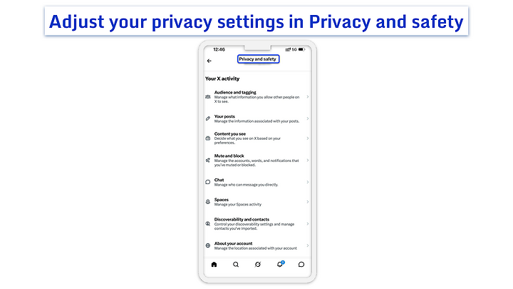 Privacy and safety menu in the X (formerly Twitter) mobile app.