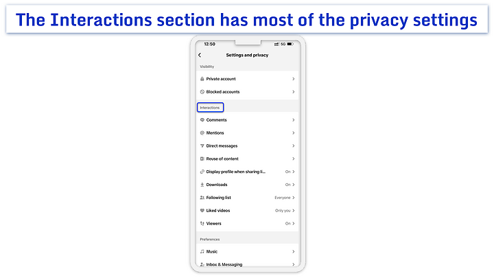 Settings and privacy menu in the TikTok mobile app.