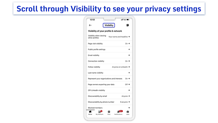 Visibility settings menu in the LinkedIn mobile app.