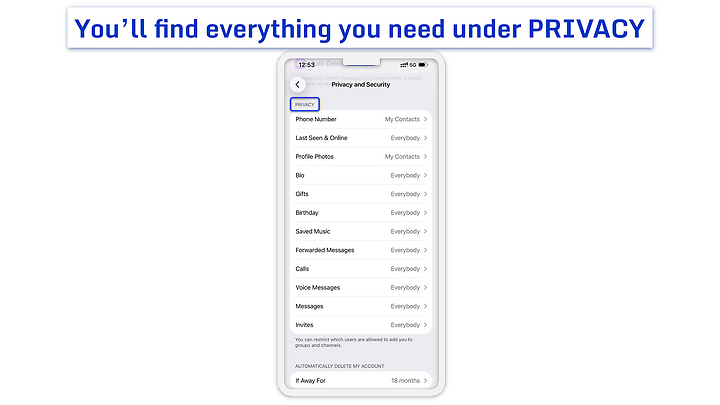 Privacy and Security settings menu in the Telegram mobile app.