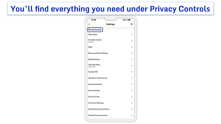 Settings menu in the Snapchat mobile app.