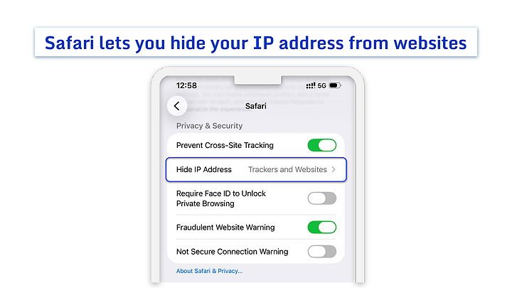 Safari settings menu under Privacy & Security on iPhone.