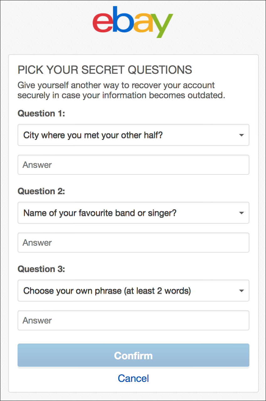 eBay secret questions