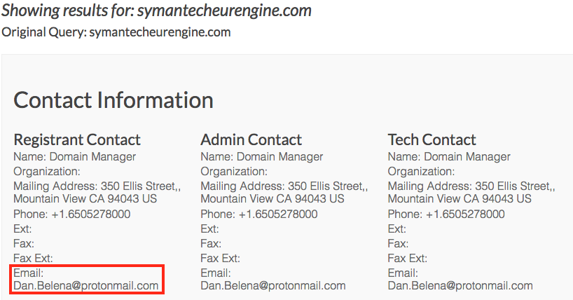 Fake Symantec blog registrant contact