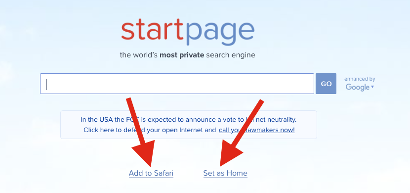 StartPage Add to Safari or Set as Home buttons