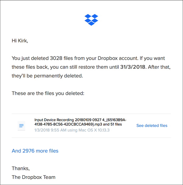 Kirk's email from Dropbox