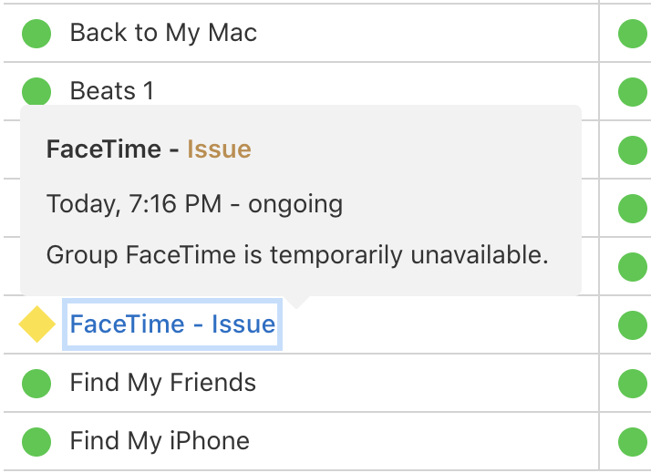 Group FaceTime is temporarily unavailable - Apple System Status page