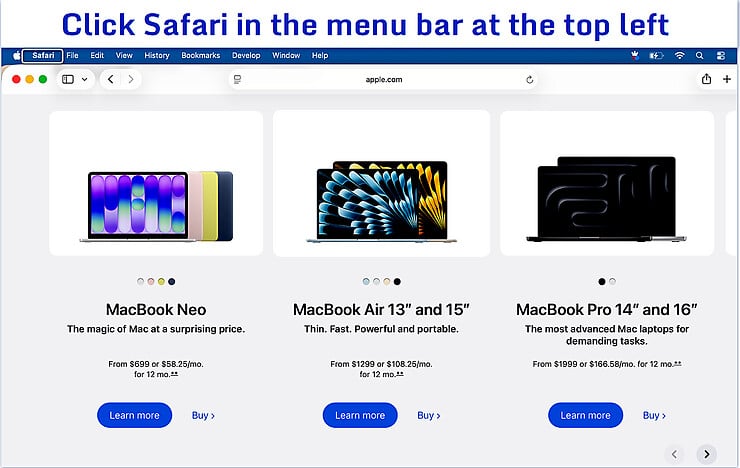 Safari browser showing the Safari menu before enabling the Developer menu