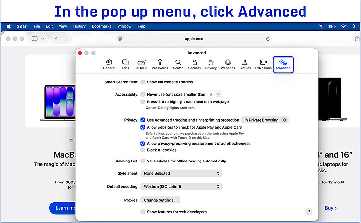 Safari settings showing the Advanced tab highlighted