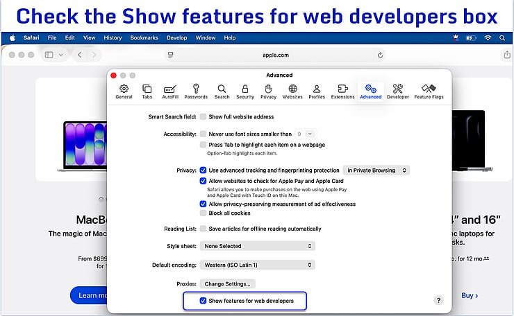 Safari Advanced settings showing the Show features for web developers checkbox highlighted