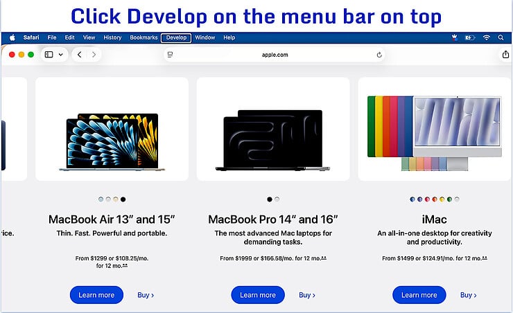 Safari browser showing the Develop menu after enabling web developer features