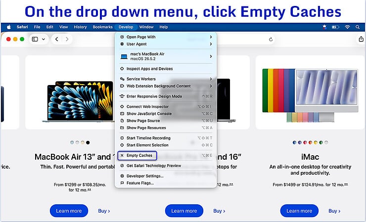 Safari Develop menu showing the Empty Caches option highlighted