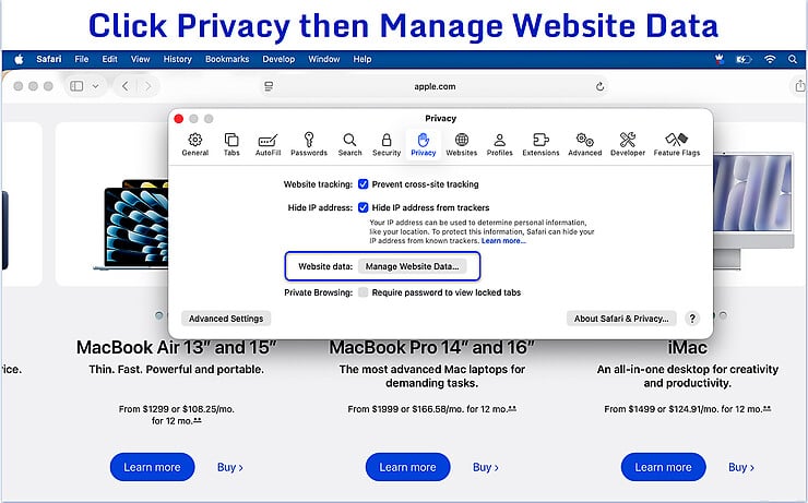 Safari Privacy settings showing the Manage Website Data button highlighted on a Mac