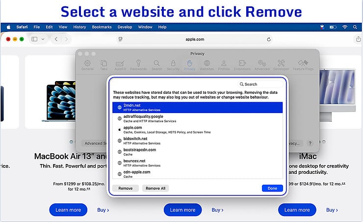 Safari showing the Remove All button in the Manage Website Data window to delete cached website data on a Mac