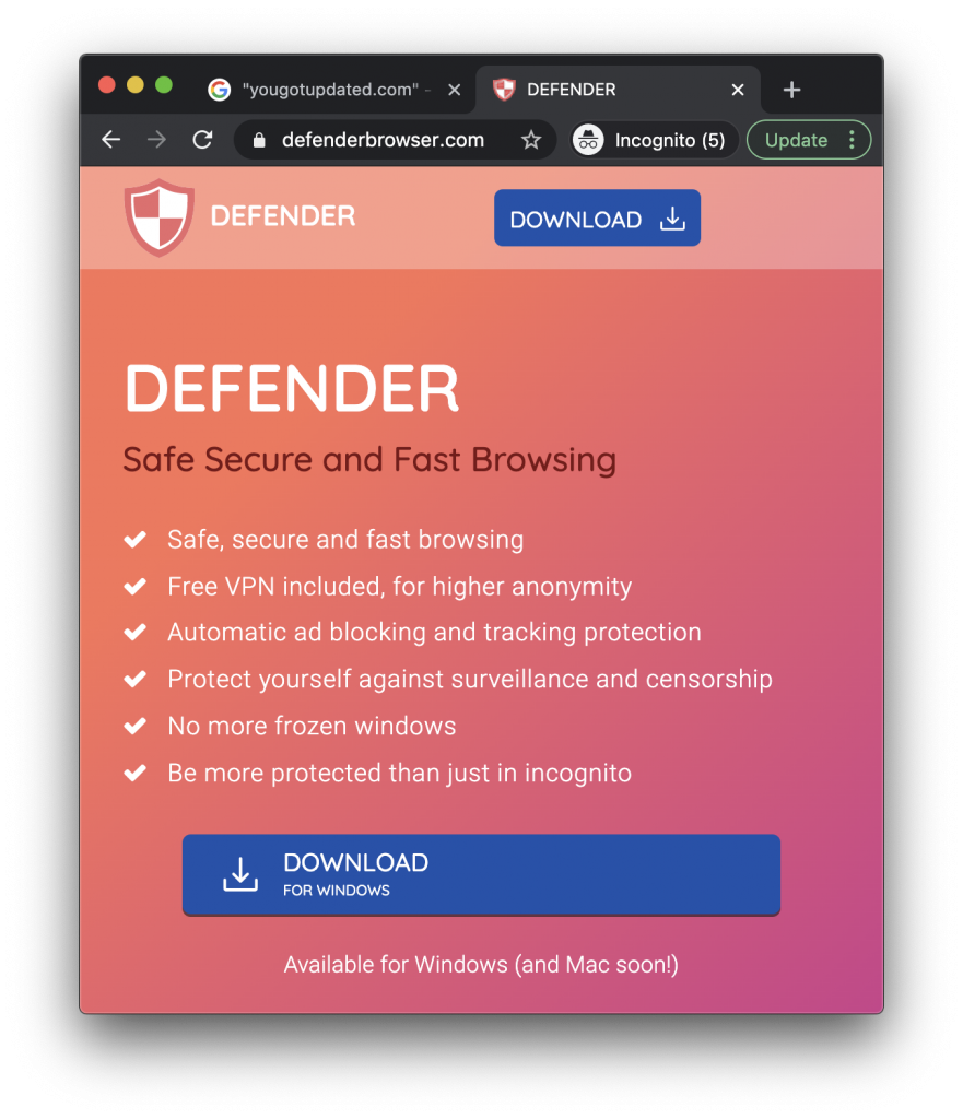 Defender Browser homepage (affiliated with the latest OSX/Shlayer variant)