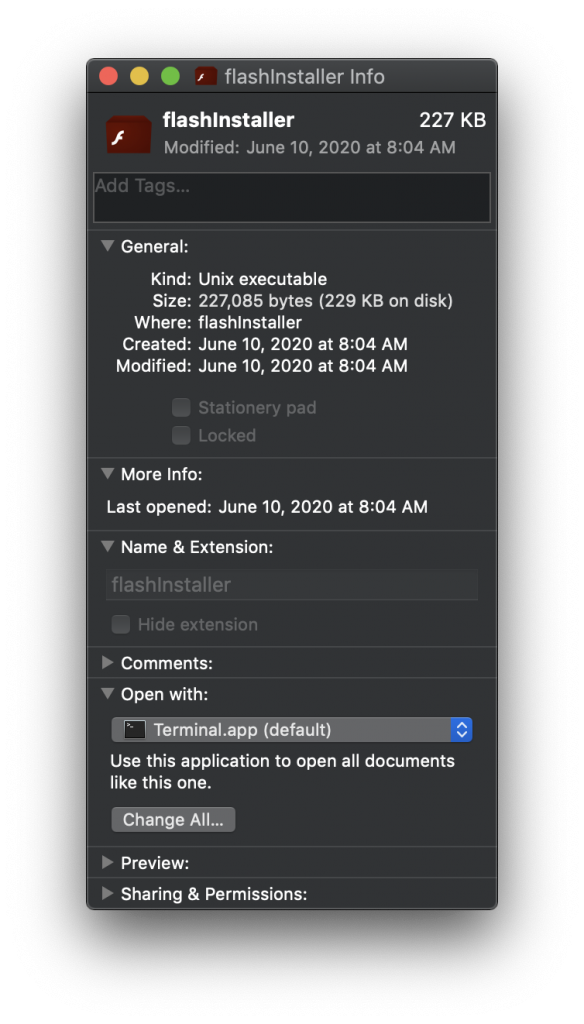 OSX/Shlayer Get Info window screenshot, June 2020