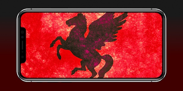 NSO Group Pegasus Spyware on iPhone, iOS (phone by R. Fernandez, Pegasus by N. Raymond)