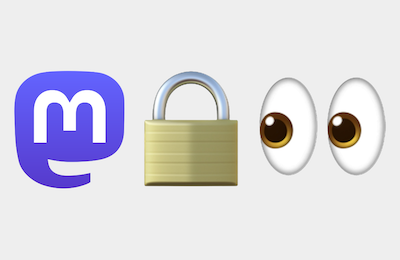 Mastodon social network logo icon with padlock and looking concerned eyes