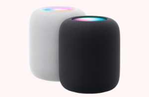 New HomePod 2023 pair black and white on pink background