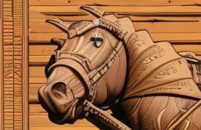 wooden Trojan horse on wheels malware art